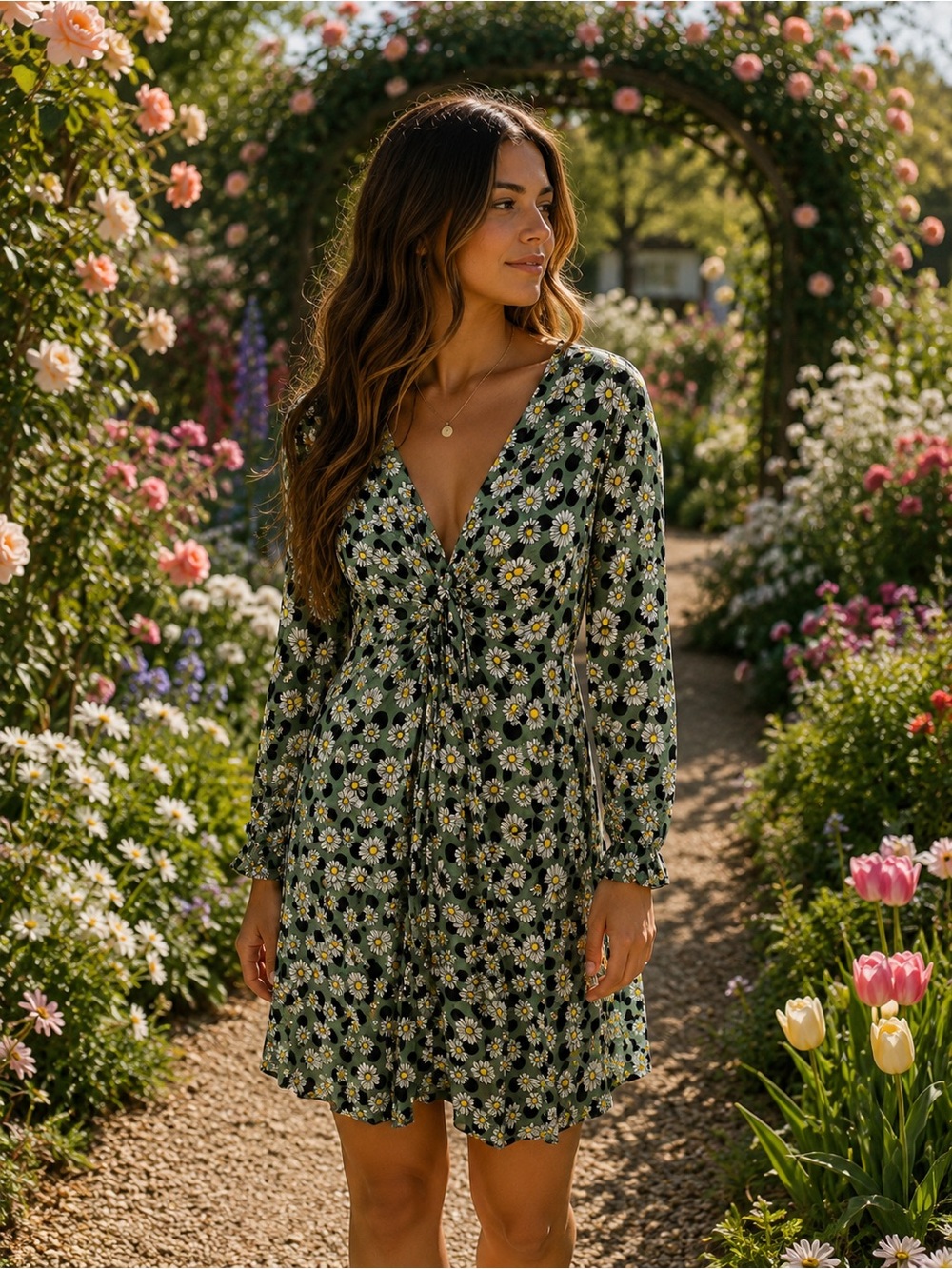 Sandro Green Daisy-Print Long-Sleeve Mini Dress